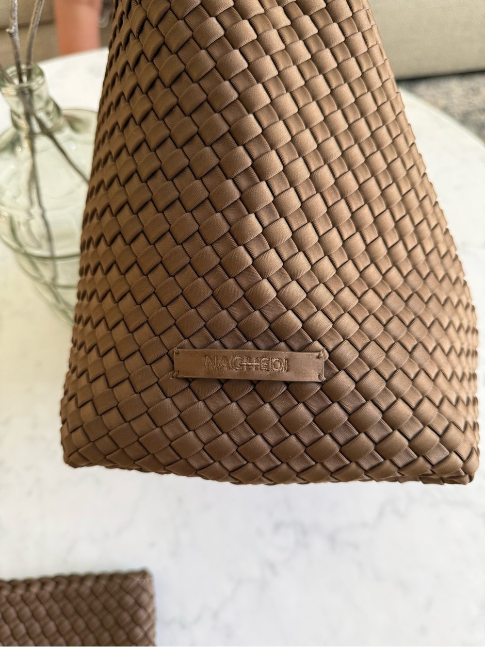 Naghedi Brown Woven Tote Bag With Matching Pouch Vegan Leather Medium Mink - Picture 2 of 5